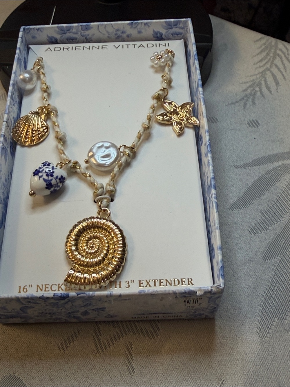 Adrienne Vittadini Gold-Tone Shell & Blue-White Charm Necklace